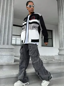 Men street style color-block racing jacket in black and white with wide leg cargo pants