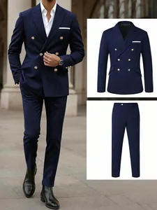 Detail view of a navy blue double-breasted suit set including jacket and trousers.