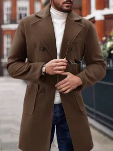 Detail shot of a brown wool overcoat for men, featuring a classic double-breasted design.