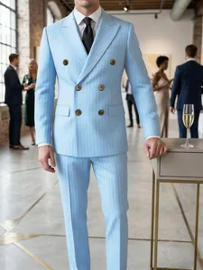 Men's light blue pinstripe double-breasted suit set for weddings and parties