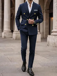 Tailored navy blue double-breasted men's suit with gold buttons for formal events
