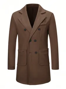 Detailed front view of a classic brown double-breasted men's wool blend overcoat with lapels.