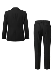 Detailed back view of a classic black men's business suit set including blazer and trousers