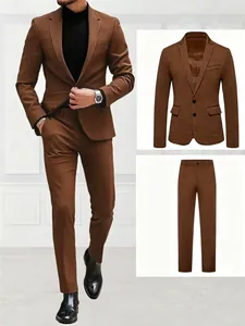 Professional brown two-piece men's business suit set showing blazer and trousers detail