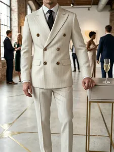 Elegant men's cream pinstripe double-breasted suit set for formal gala or weddings