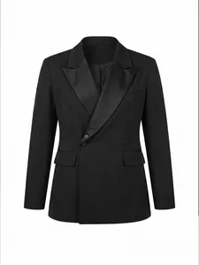 Detail view of a black double-breasted business blazer with decorative lapel eyelets