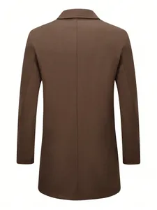 Back view of men's casual brown wool coat with center seam detail