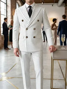 Men's white double-breasted pinstripe suit set for weddings and dinners