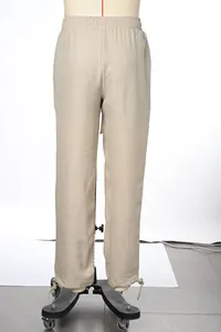 Back view of men's casual beige trousers with elastic waist and drawstring hem on mannequin.