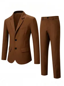 Detail view of a classic brown two-piece men's business suit set with a slim fit cut