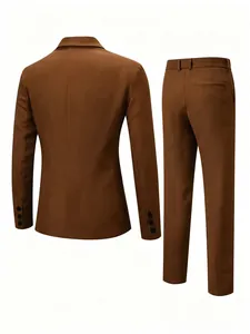 Classic brown two-piece men's formal suit jacket and trousers back view detail.