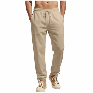 Detailed front view of men's casual khaki sweatpants with adjustable drawstring waist