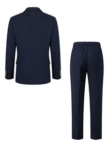 Rear view of navy blue business suit set for men including blazer and trouser details