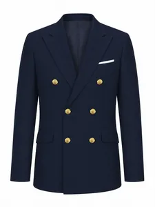 Elegant front view of a navy blue double-breasted suit jacket with six gold buttons