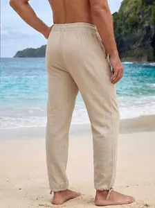 A close-up view of the back fit and drawstring cuffs of the men's casual linen pants