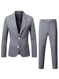 Elegant men's two-piece business suit set in grey textured fabric with blazer and pants