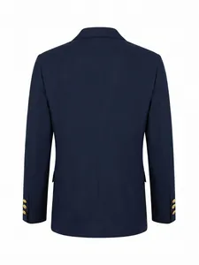 Premium navy blue men's business blazer back view featuring elegant gold cuff buttons