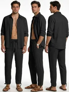 Detailed view of men's casual black linen-texture shirt and drawstring pants set