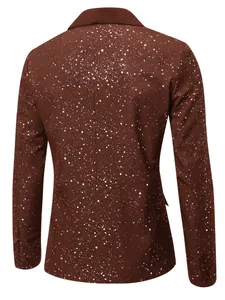 Achteraanzicht van een stijlvol bruin heren colbert met een witte sterrenstof all-over print