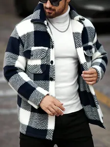 Mens black and white checkered plush mid-length jacket with pockets for warm winter