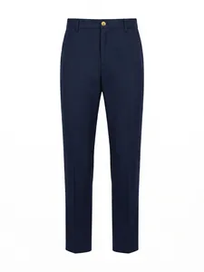 Detailed front view of navy blue men's business suit trousers with a gold button