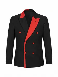 Detailansicht eines schwarzen Herrenblazers mit kontrastierendem roten Revers