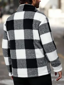 Back view of a men's black and white checkered fleece jacket in an urban setting