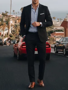 Modern professional men's black business suit set with blue striped shirt