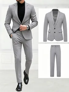 Two-piece light grey slim-fit men's formal business suit for weddings and events