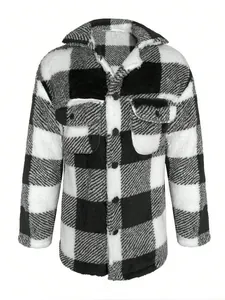 Men's black and white checkered plaid fleece hooded jacket for autumn and winter 2025.