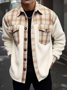 Detail shot of men's streetwear jacket featuring plaid and fleece patchwork texture
