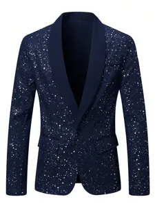 Detailweergave van marineblauwe herenblazer met glitters en stijlvolle sjaalkraag