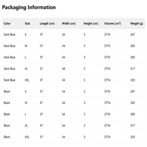 Size guide and package dimensions for men's single-breasted vest with large pockets
