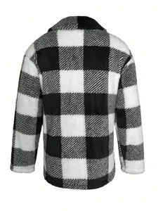 Detailed back view of a men's black and white buffalo plaid plush fleece jacket