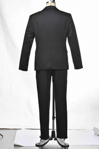 Detailed back view of a classic black men's solid color business suit set on a mannequin