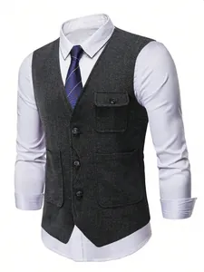 Detailed macro view of men's single-breasted herringbone tweed vest featuring large pockets
