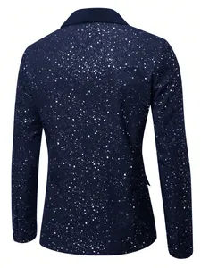 Achteraanzicht van donkerblauwe heren blazer met glitter en sterrenpatroon