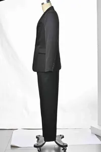 Side profile view of a classic black men's solid color slim fit business suit set detail