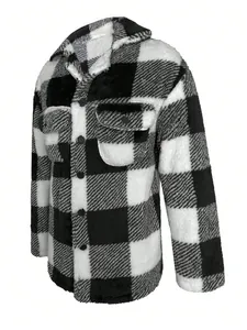 Black and white plaid fleece jacket for men with chest pockets and classic collar