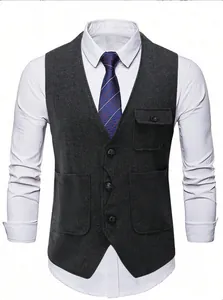 Front view of men's business vest with herringbone pattern and pockets