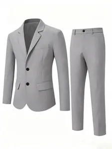 Detailed view of a light grey two-piece formal business suit set for men.