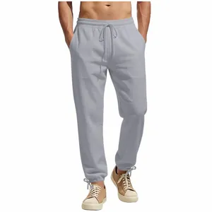 Men's solid light gray casual loose fit drawstring long pants for spring and summer