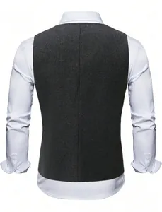 Detailed back view of a charcoal grey herringbone business casual waistcoat for men.