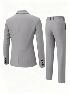 Back view detail of grey slim fit men's formal business suit for wedding or office.