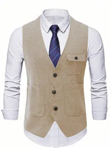 Detailed front view of a khaki herringbone pattern business vest with functional pockets