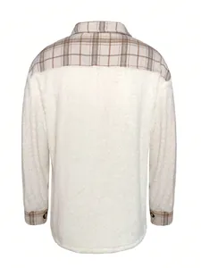 Back view of men's cream fleece jacket with brown plaid patchwork yoke and cuffs.