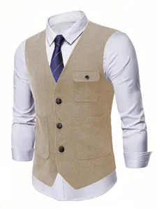 Detailed view of a khaki herringbone business waistcoat featuring a chest pocket and buttons