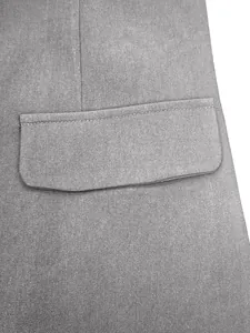 Close-up detail of a grey business suit jacket showing fabric texture and flap pocket.