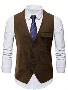 Close-up of a brown herringbone men's vest showing texture, buttons, and pocket detail