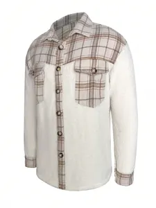 Detailed view of men's street jacket with plaid pattern and white sherpa patchwork